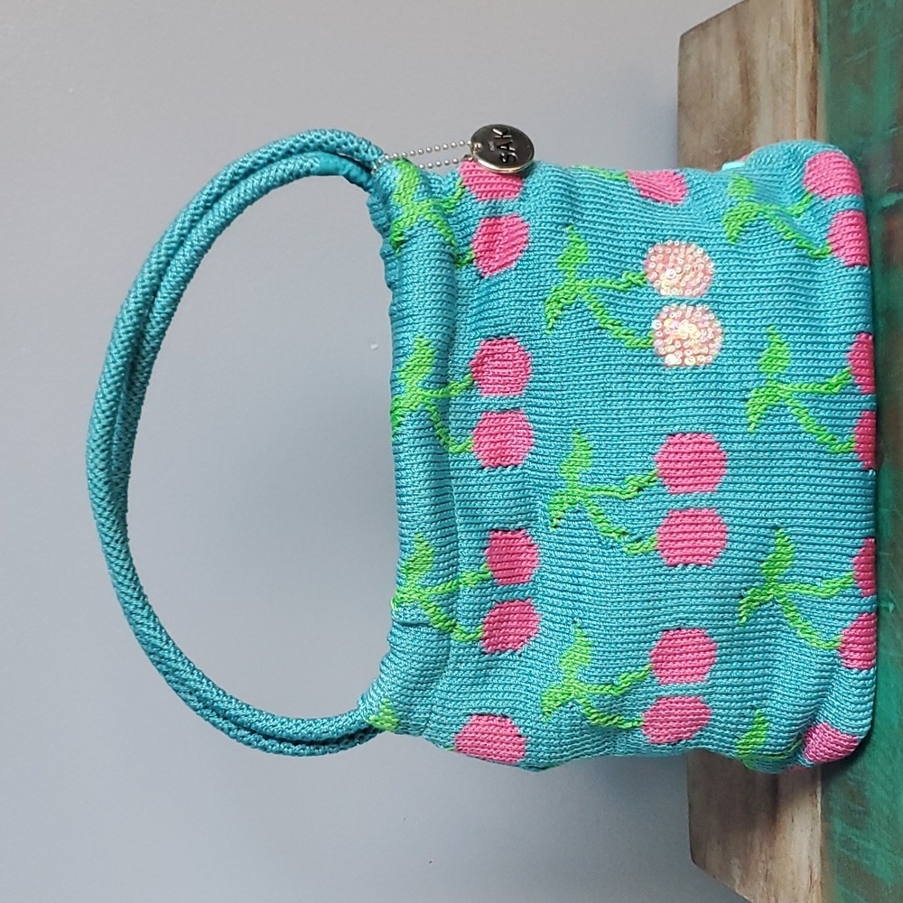 The Sak Teal and Pink Cherry Crochet Handbag Purse w/ Sequin Detail ~Y2K~